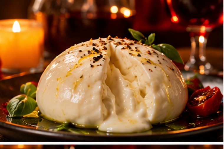 Burrata split open beside a candle and a glass of red