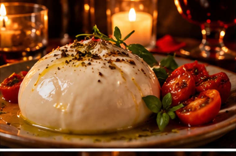 Burrata with roasted tomatoes and basil, candle behind