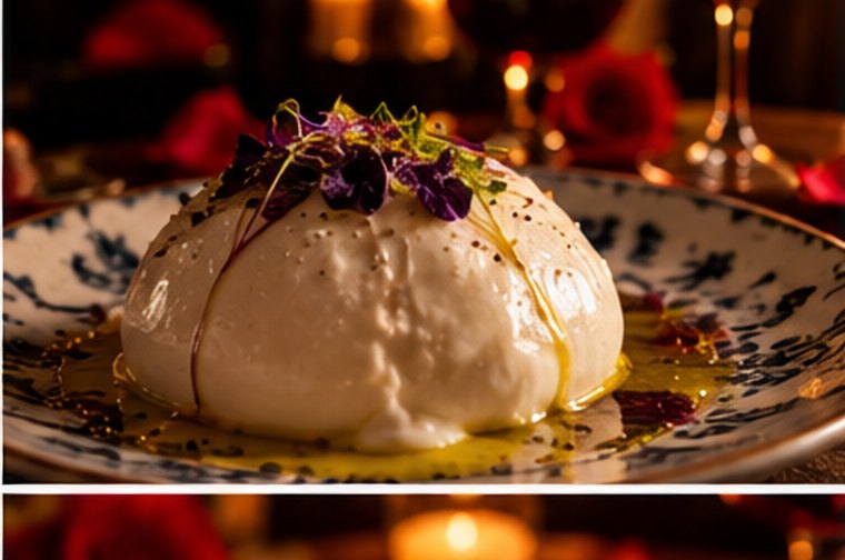 Burrata on a blue-and-white plate with edible flowers
