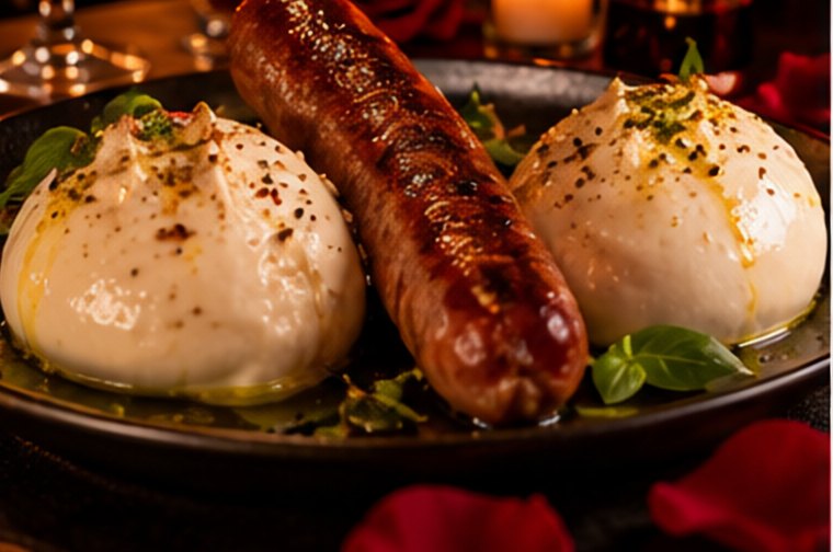 Two burratas with a sausage between them on dark slate