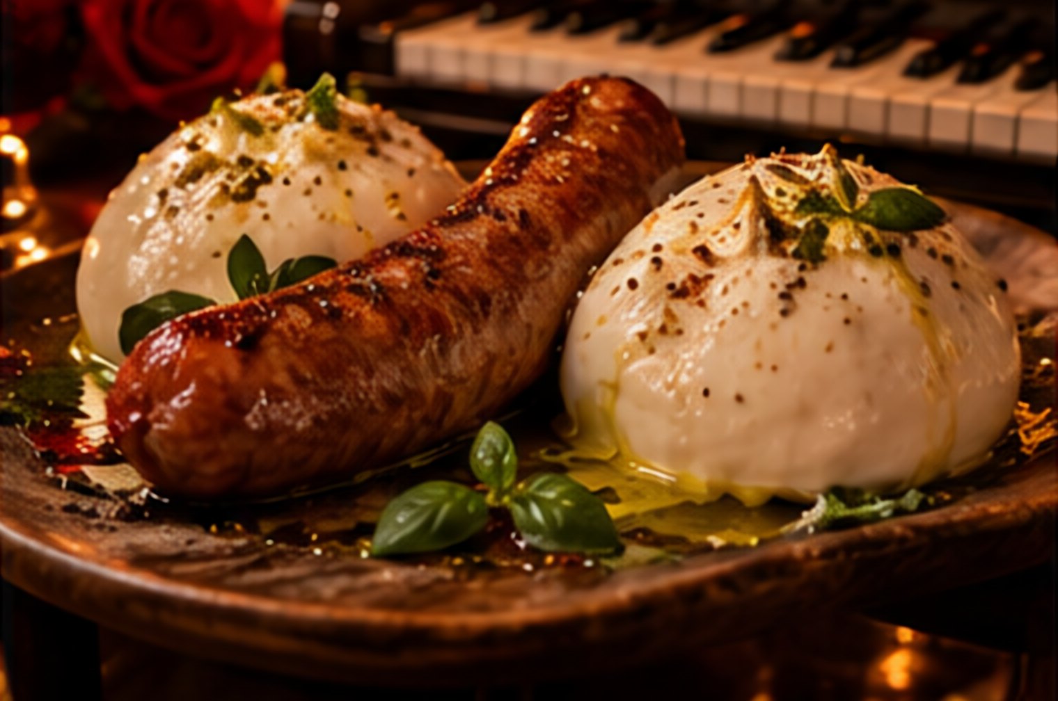 A grilled sausage between two burratas, piano keys glowing behind