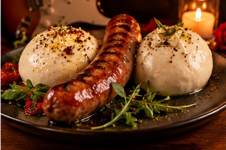 Sausage between two burratas, electric guitar in the background